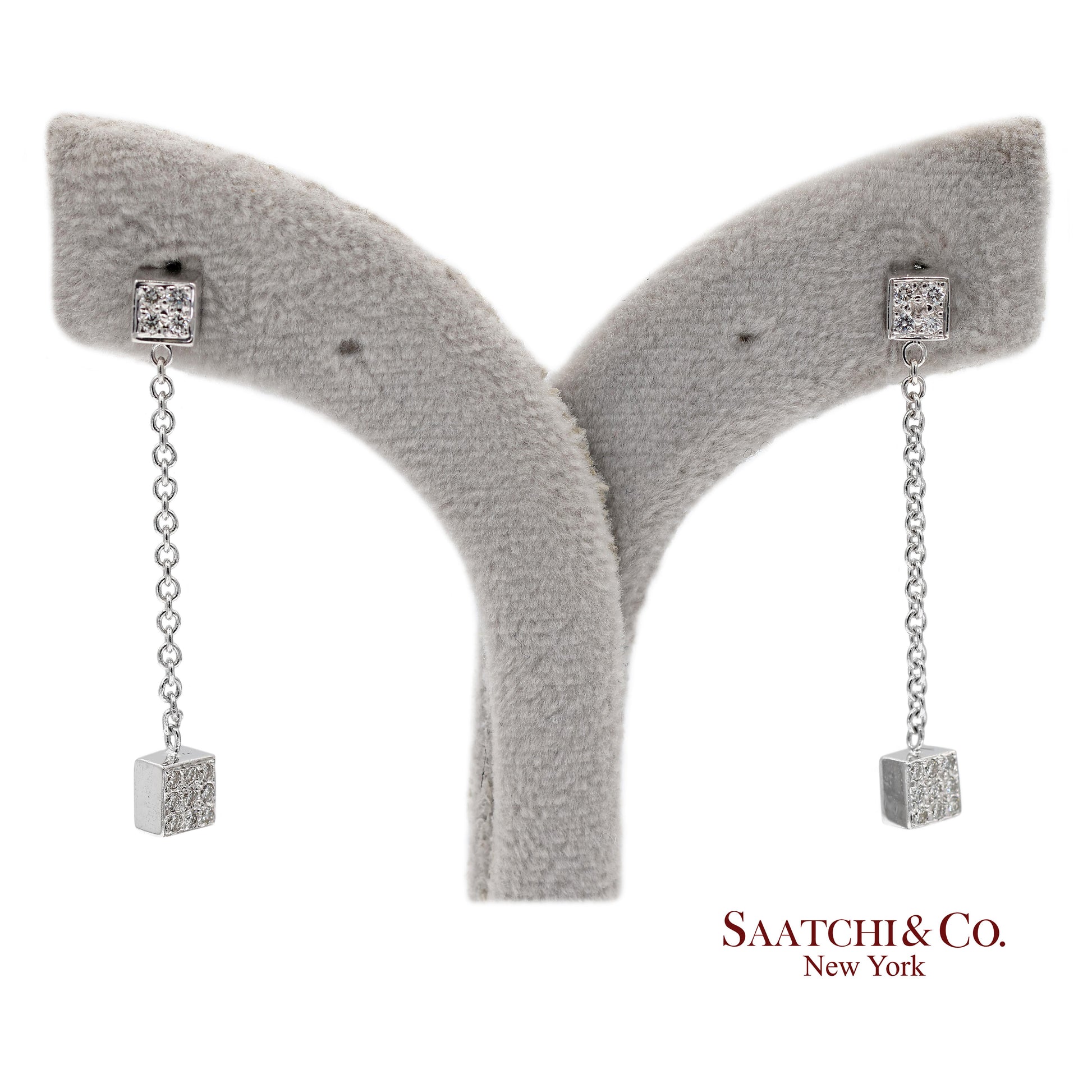 18K 750 Solid White Gold Natural Diamond Box Drop Earrings