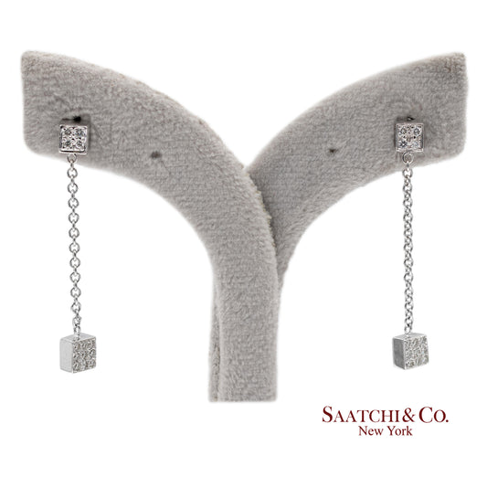 18K 750 Solid White Gold Natural Diamond Box Drop Earrings