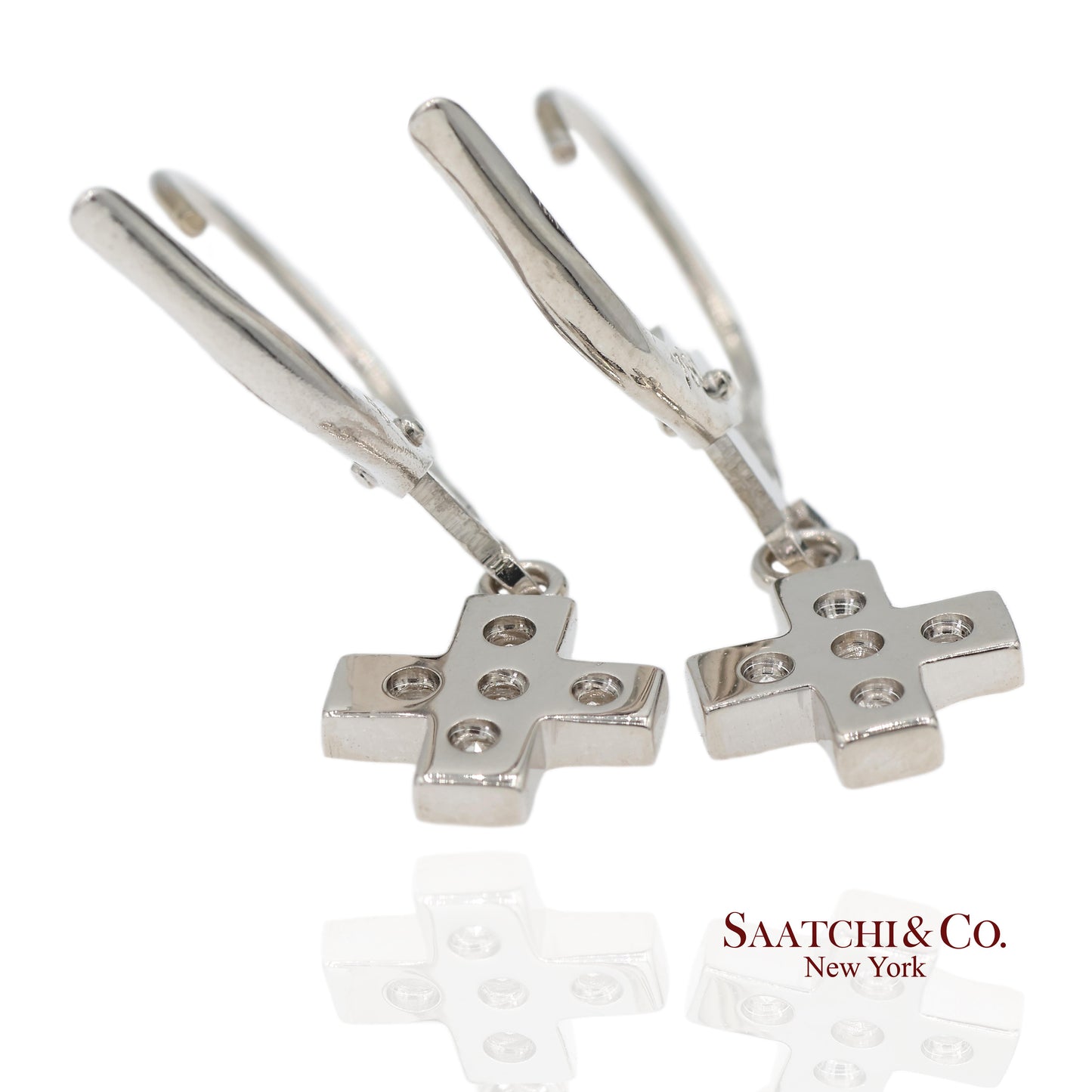 18K 750 Solid White Gold Natural Diamond Drop Hanging Cross Shape Earrings