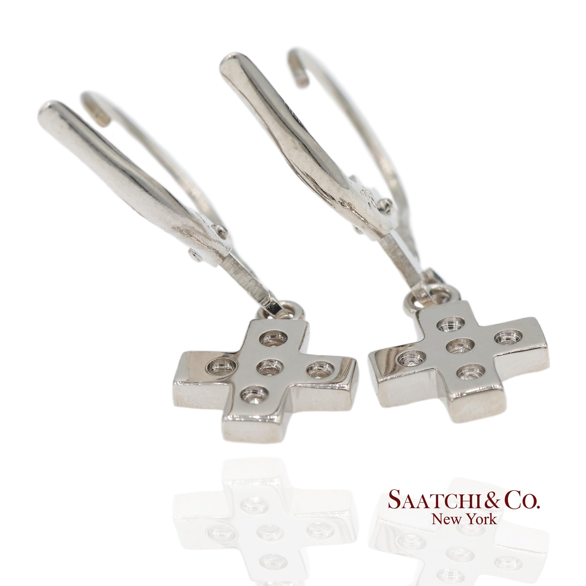 18K 750 Solid White Gold Natural Diamond Drop Hanging Cross Shape Earrings