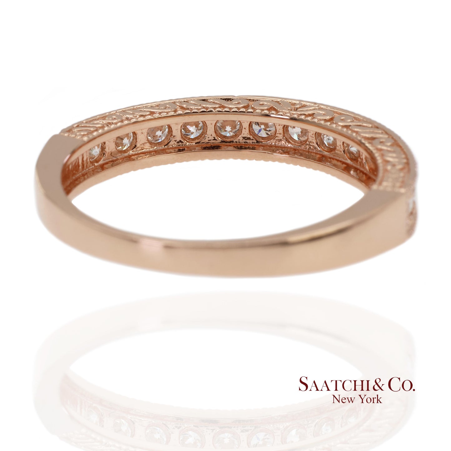 14K 585 Solid Rose Gold Side Engraving Natural Diamond Band Ring