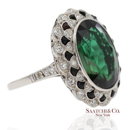 Vintage Platinum 950 Milgrain Natural Diamond and Tourmaline Ring