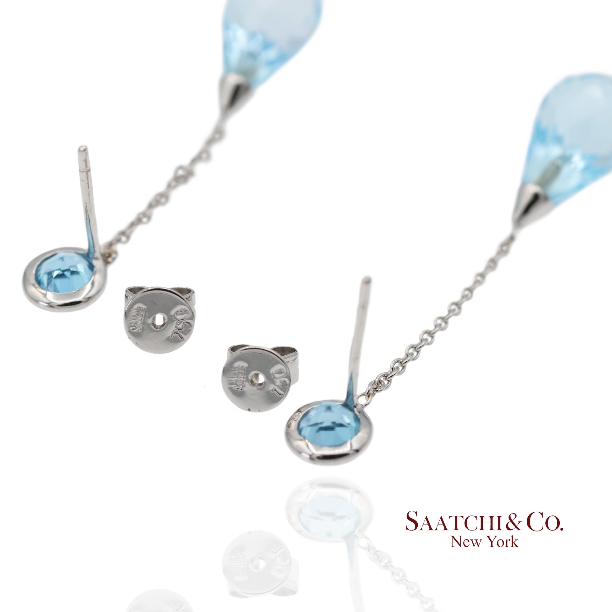 18K 750 Solid White Gold Blue Topaz Drop Earrings