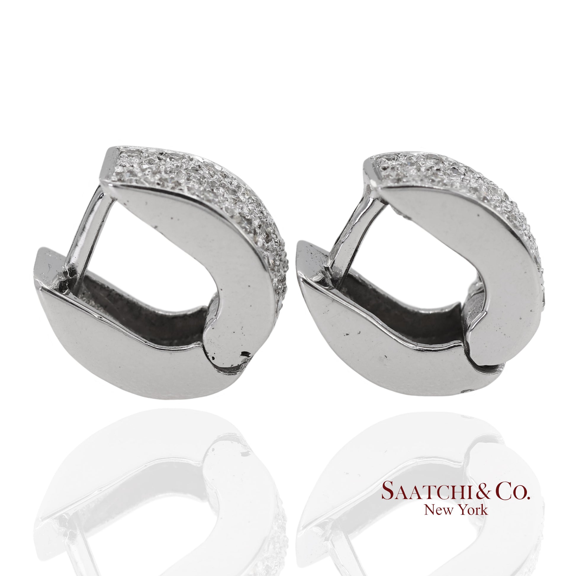 18K 750 Solid White Gold Natural Diamond Huggie Hoop Earrings
