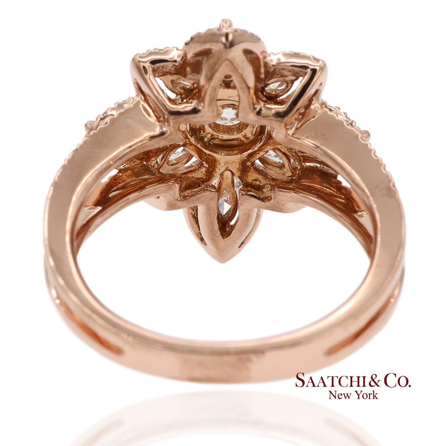 18K 750 Solid Rose Gold Floral Natural Diamond Ring