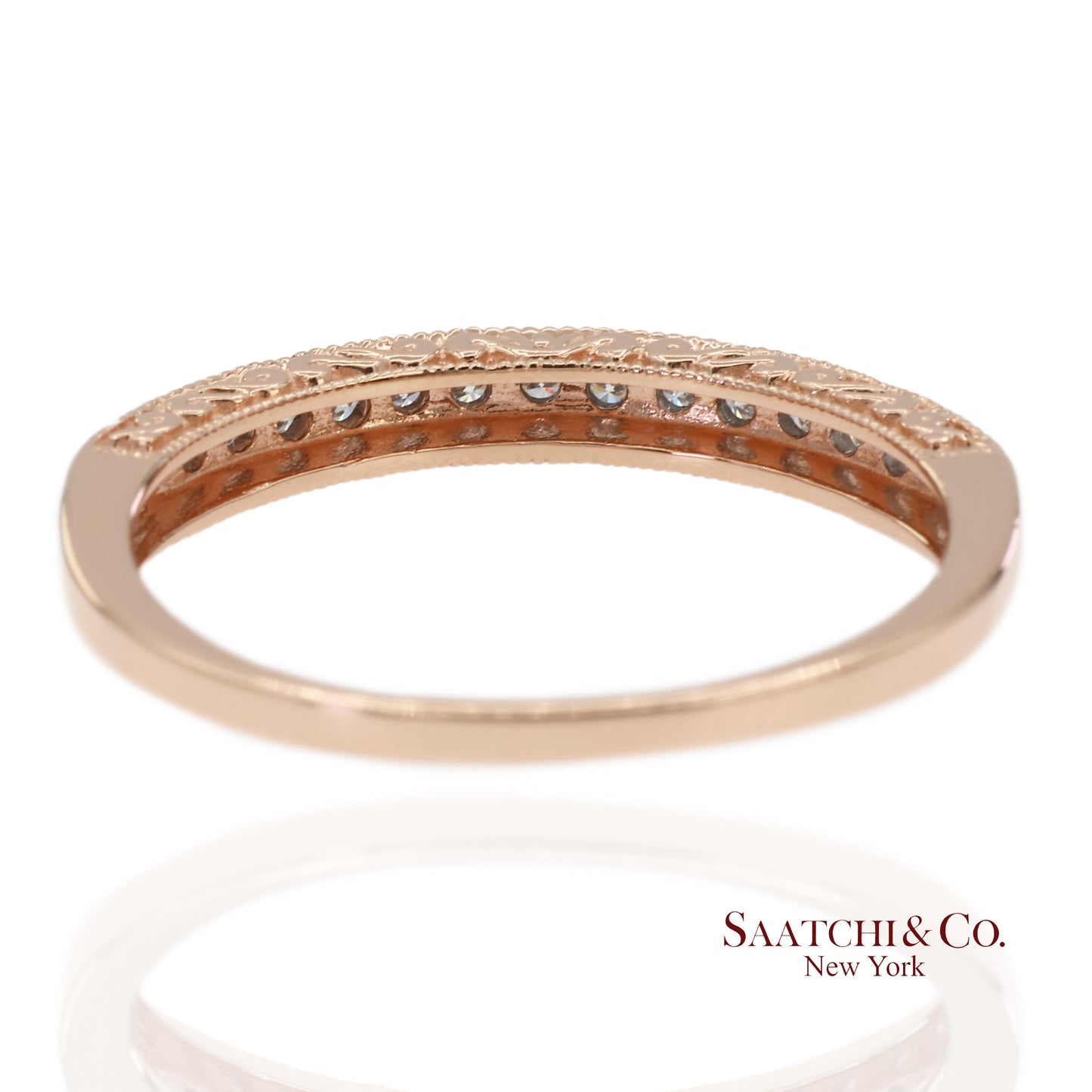 14K 585 Solid Rose Gold Engraving and Milgrain Natural Diamond Band Ring