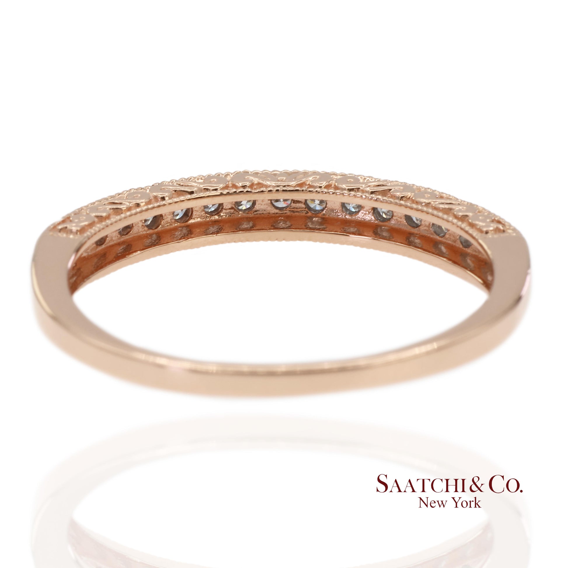 14K 585 Solid Rose Gold Engraving and Milgrain Natural Diamond Band Ring