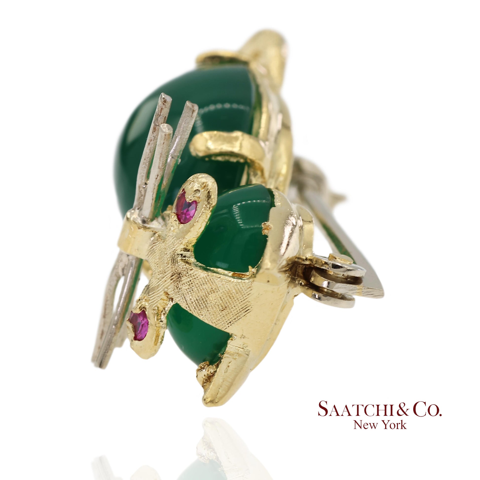 18K 750 Solid Yellow Gold Natural Ruby Eyes & Green Gemstones Cat Pin Brooch