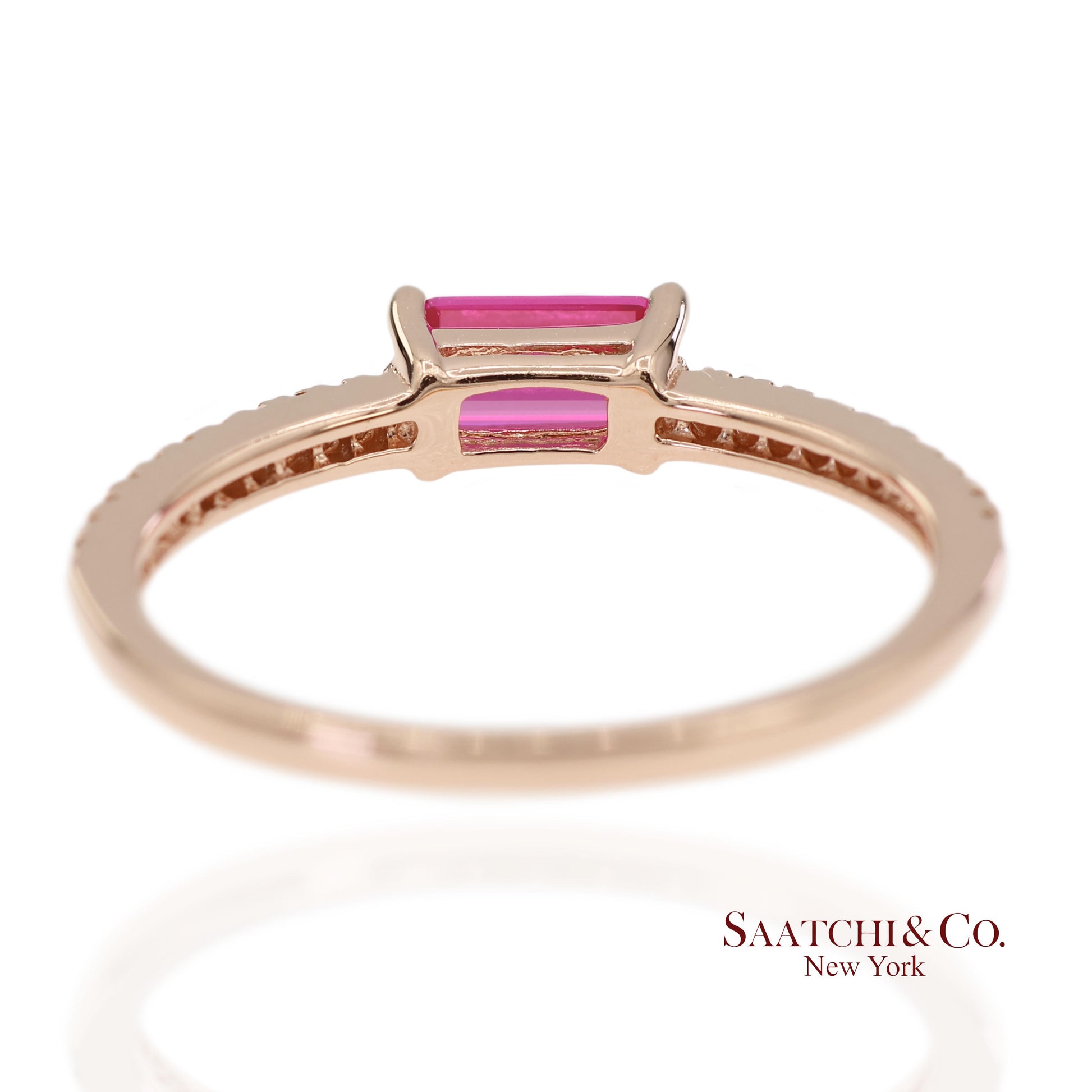 14K 585 Solid Rose Gold Pink Baguette Cut Stone and Natural Diamond Ring