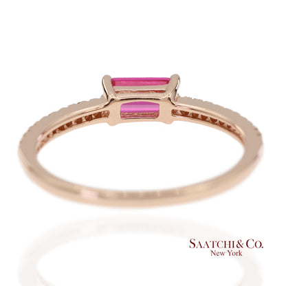 14K 585 Solid Rose Gold Pink Baguette Cut Stone and Natural Diamond Ring
