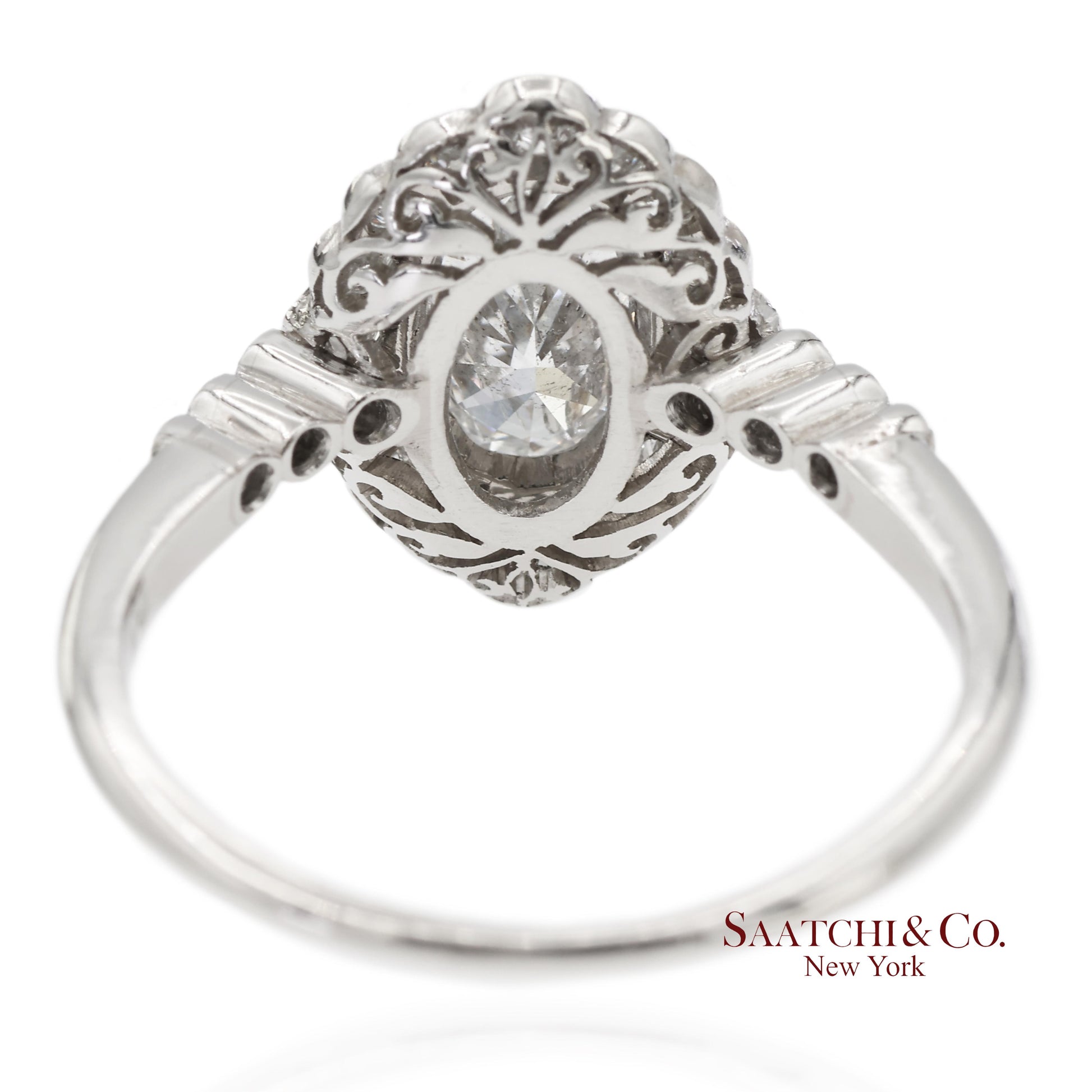 Vintage Platinum 900 Natural Diamond Milgrain Oval Shape Engagement Band Ring