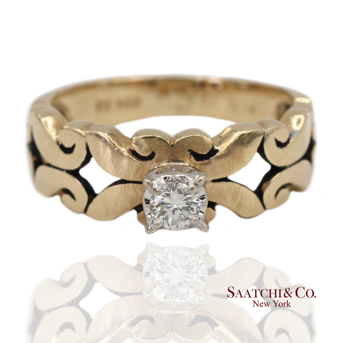 0.13 Ct Natural Diamond 14K Yellow Gold Openwork Scroll Design Ring