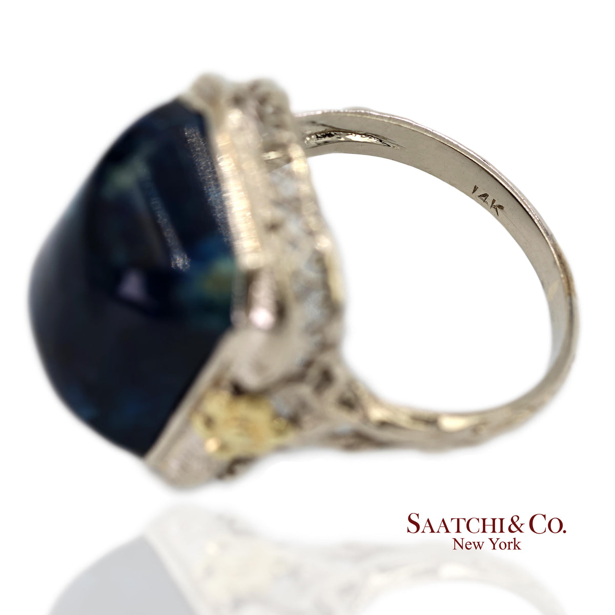 Vintage 14K Two Tone Yellow and White Gold Blue Stone Ornate Floral Motif Ring