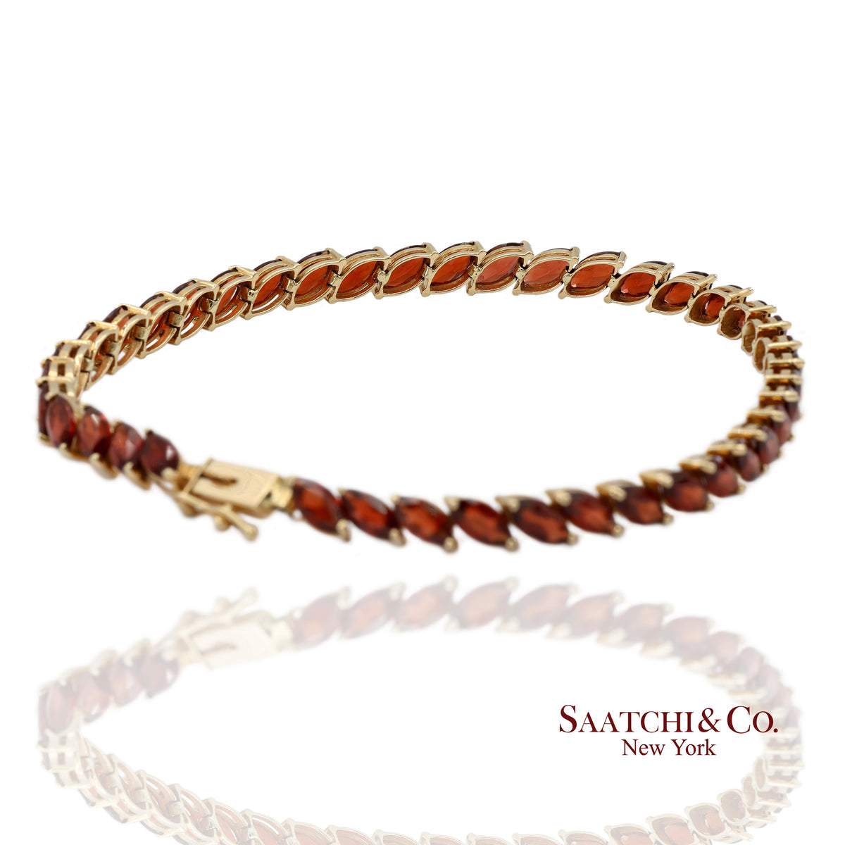 Vintage 14K 585 Solid Yellow Gold Red Garnet Marquise Cut Tennis Bracelet