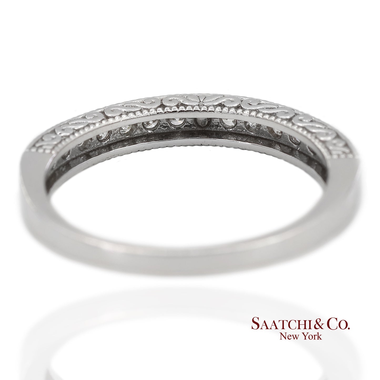 14K 585 Solid White Gold Side Engraving Milgrain Natural Diamond Band Ring