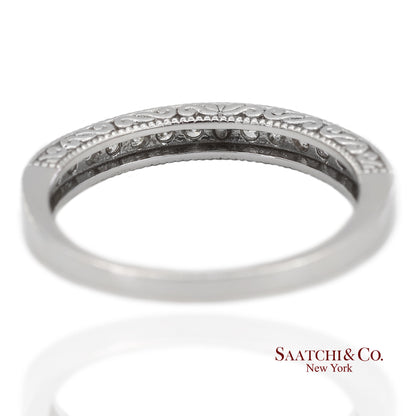 14K 585 Solid White Gold Side Engraving Milgrain Natural Diamond Band Ring
