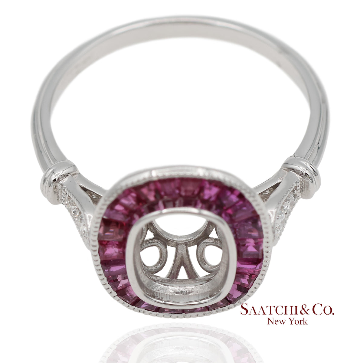 14K White Gold 0.10 ct Natural Diamond and 1.10 ct Natural Ruby Semi Mount Ring