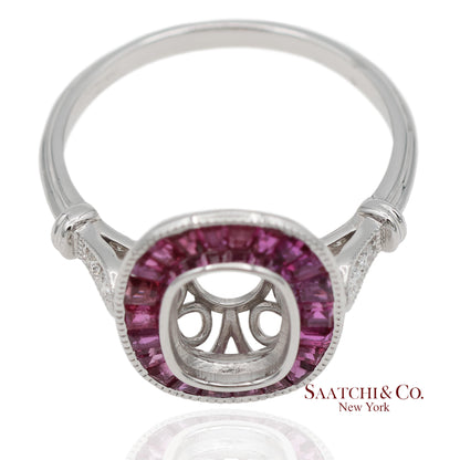 14K White Gold 0.10 ct Natural Diamond and 1.10 ct Natural Ruby Semi Mount Ring