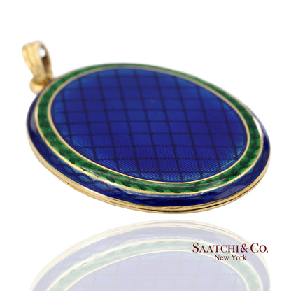 Vintage 18K 750 Yellow Gold Royal Blue & Green Enamel Locket Pendant Necklace