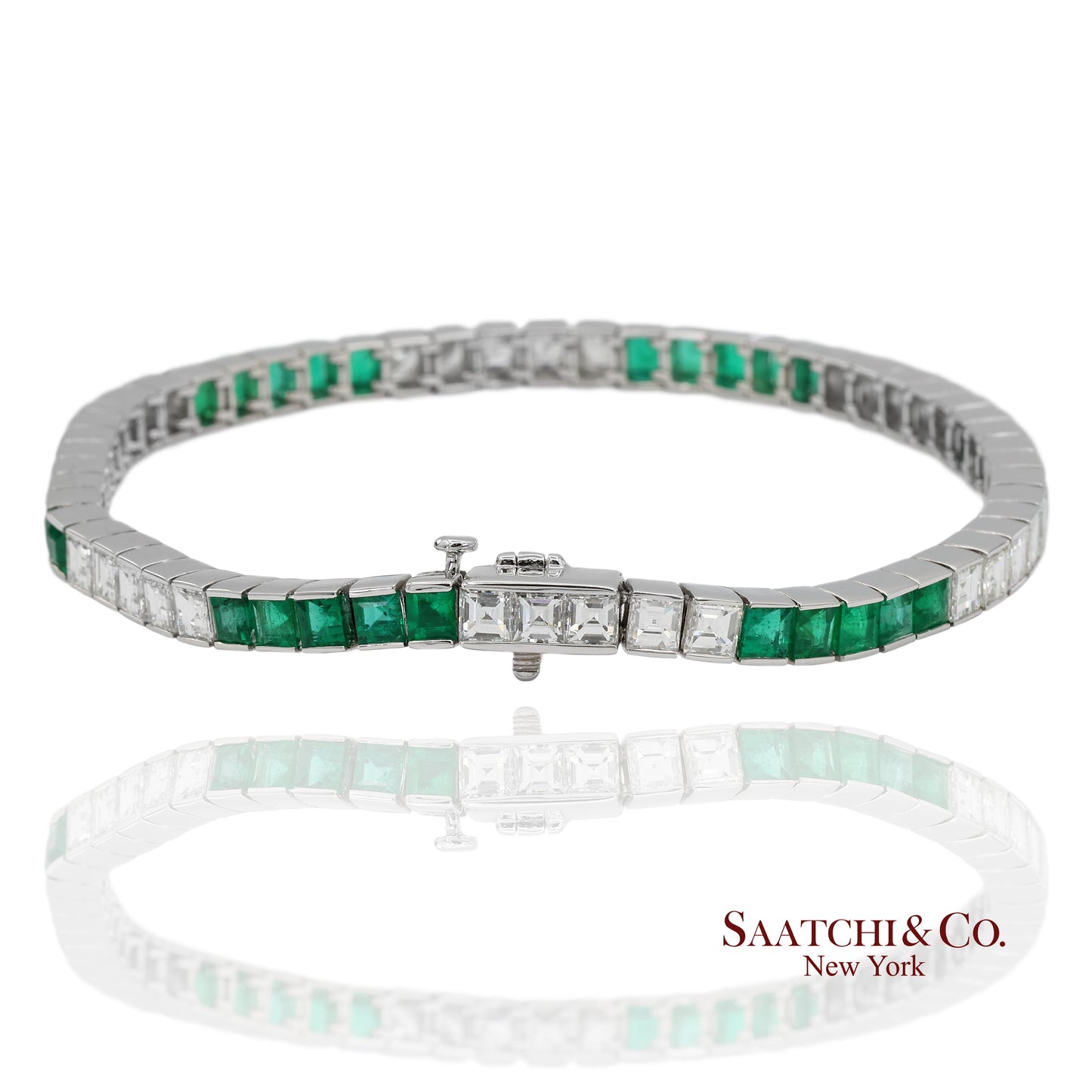 Platinum 950 Custom Made Natural Diamond and Emerald Bezel Tennis Bracelet