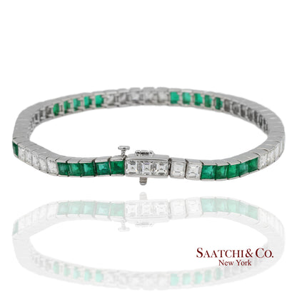 Platinum 950 Custom Made Natural Diamond and Emerald Bezel Tennis Bracelet