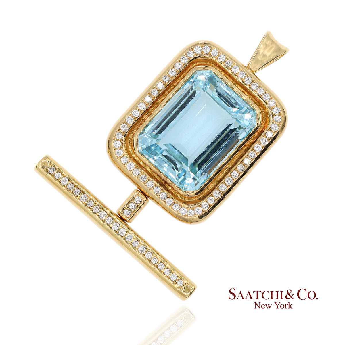 GIA 60 Ct Aquamarine and 4 Ct Diamond 18K Yellow Gold Convertible Pendant Brooch