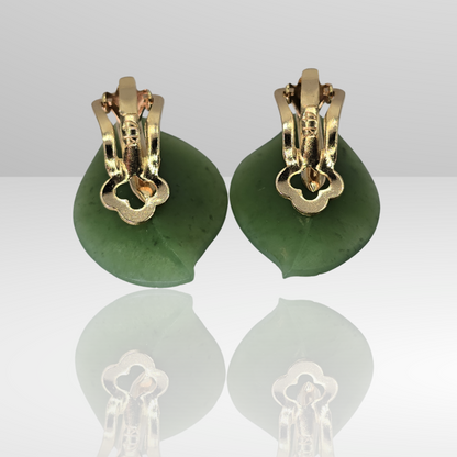 14K (585) Yellow Gold Natural Jade Stone Leaf Shape: Earrings