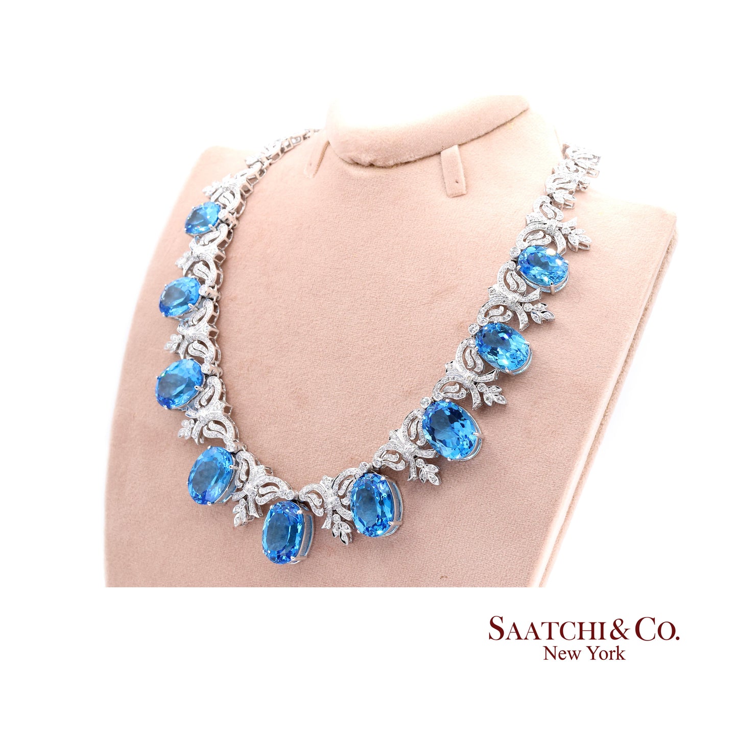 10K White Gold Natural Diamond Royal Blue Topaz Elegant Necklace