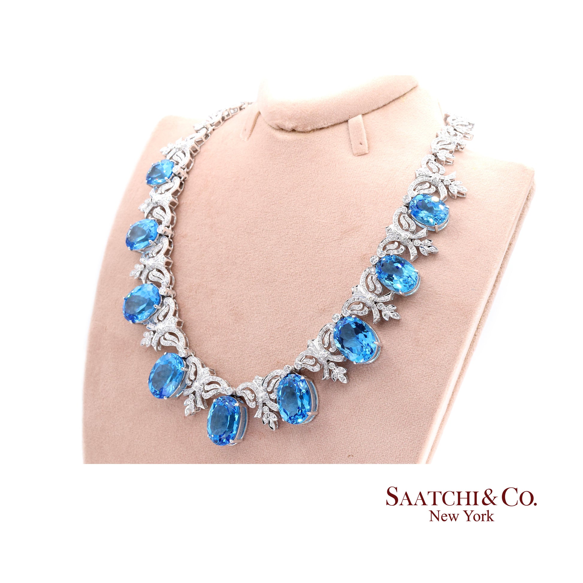 10K White Gold Natural Diamond Royal Blue Topaz Elegant Necklace