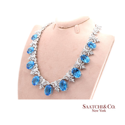 10K White Gold Natural Diamond Royal Blue Topaz Elegant Necklace