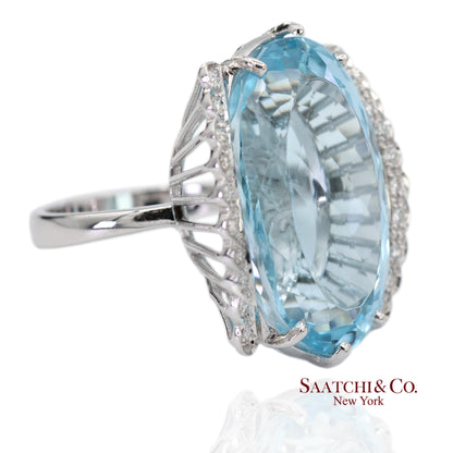 18K(750) Solid Vintage White Gold Natural Diamond and Blue Topaz Ring