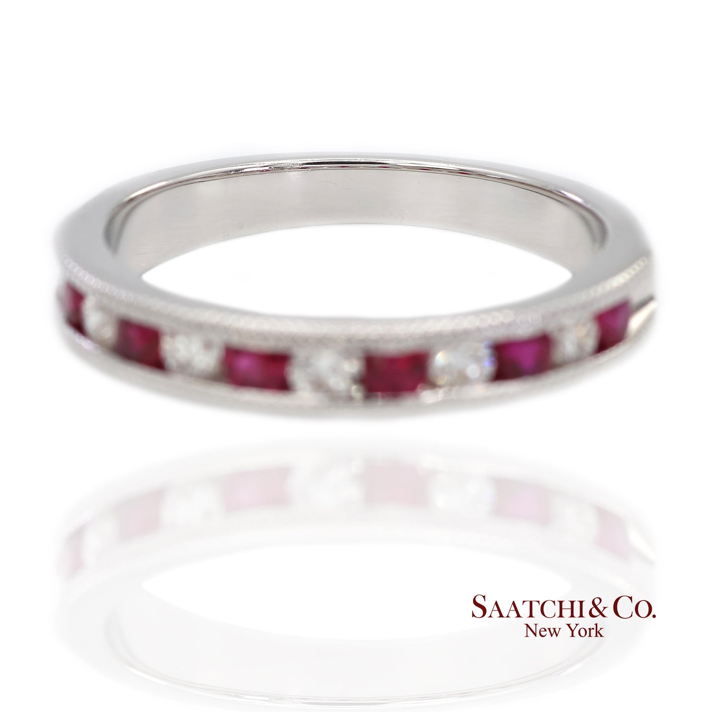 14K (585) Solid White Gold Natural Diamond and Ruby Half Band Ring