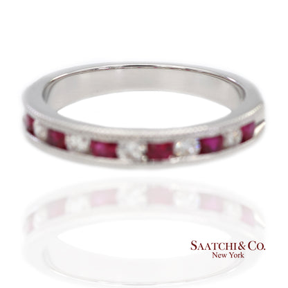 14K (585) Solid White Gold Natural Diamond and Ruby Half Band Ring
