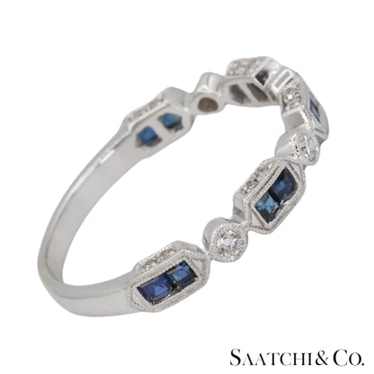 14k (585) White Gold Natural Diamond and Sapphire Band Size 8