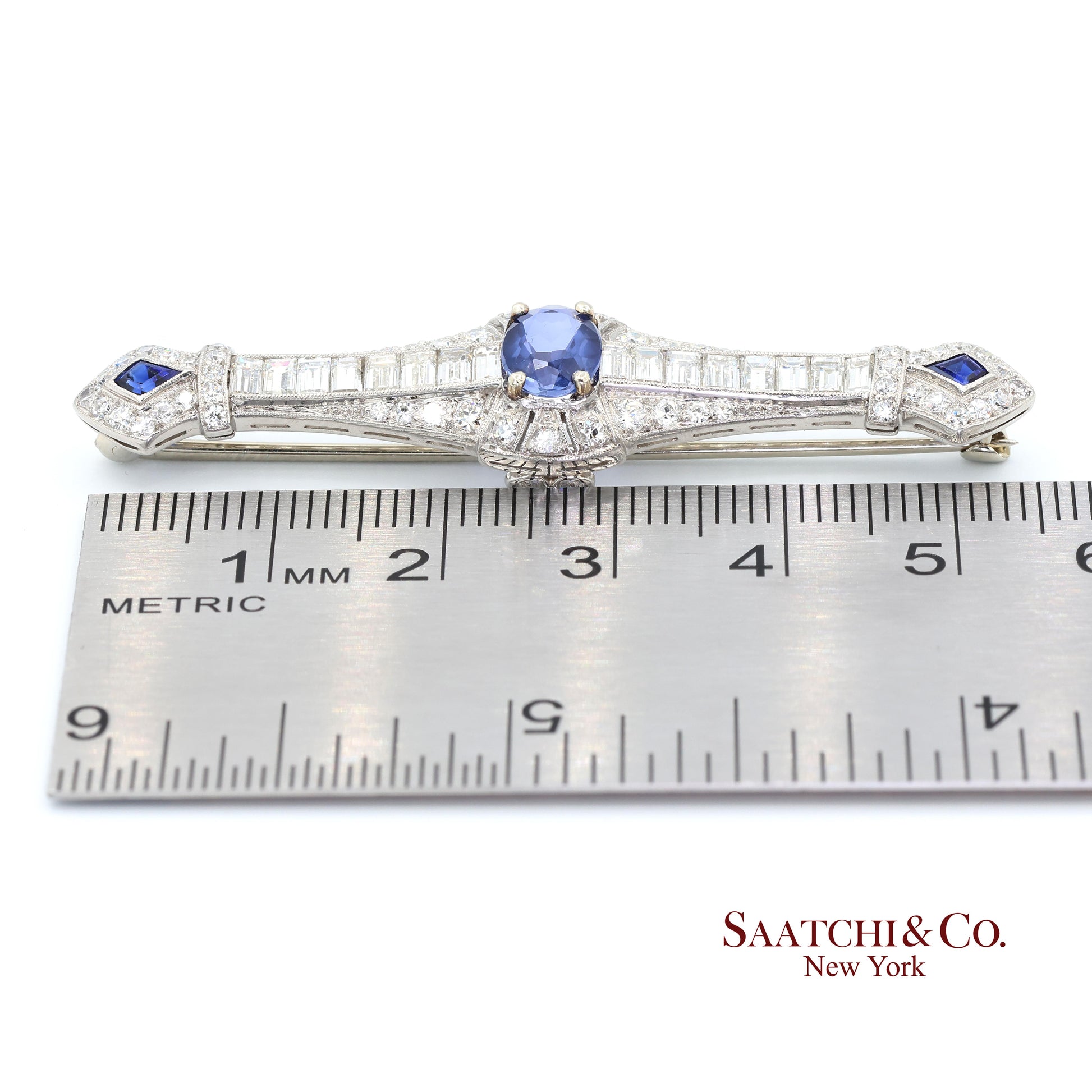 Platinum 950 Natural Sapphire and Diamond Brooch