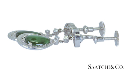14K (585) White Gold - Natural Jade Pearl Shape & Diamond: Earrings, 5.3 Grams