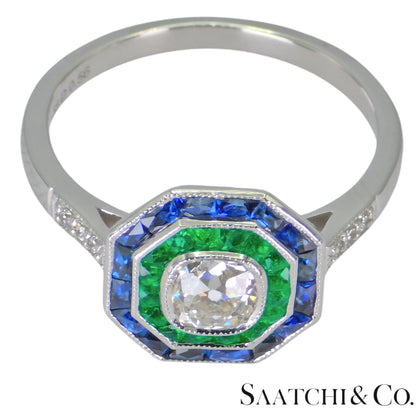 18K (750) White Gold Cushion Shape Natural Diamond Sapphire Emerald: Ring
