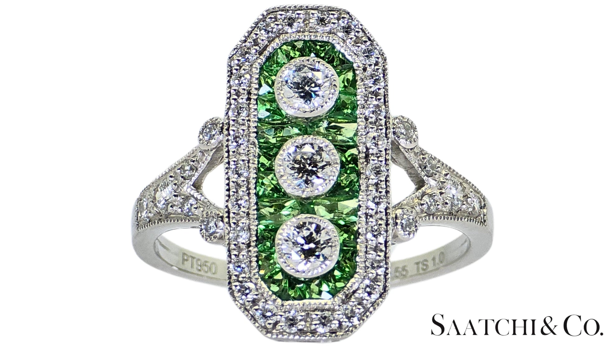 Platinum (950) Natural 1 Ct Tsavorite & 0.55 Ct Natural Diamond Ring