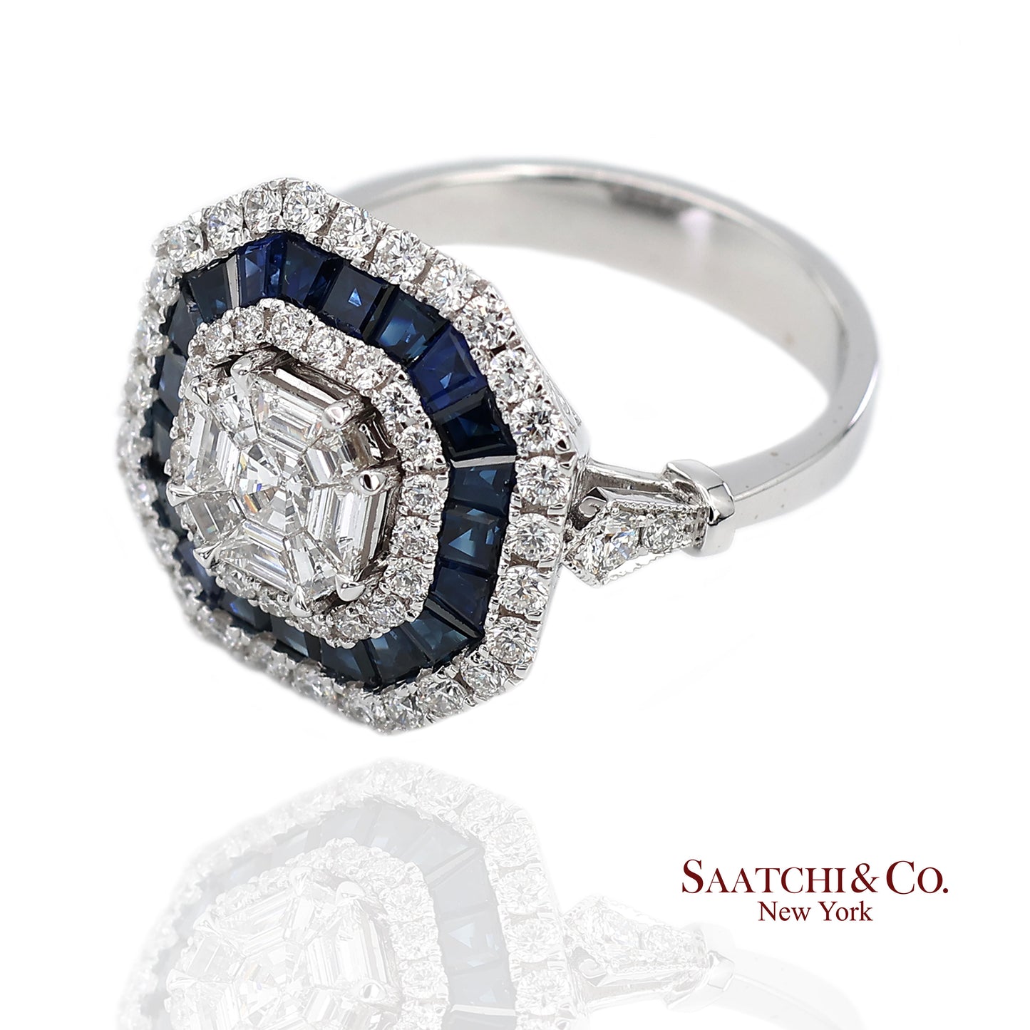 18K(750) White Gold Royal Blue Sapphire and Asscher Pie Cut Natural Diamond Ring