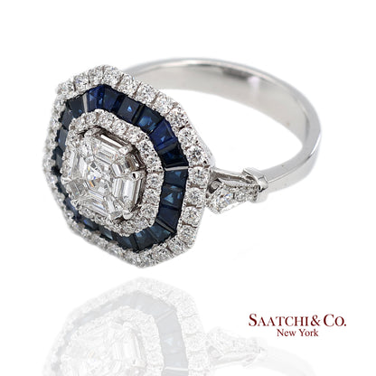 18K(750) White Gold Royal Blue Sapphire and Asscher Pie Cut Natural Diamond Ring