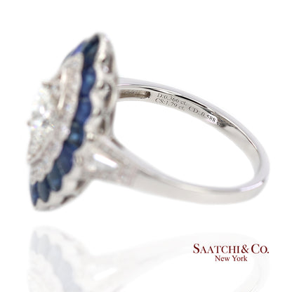 Platinum (950) Natural Diamond and Natural Sapphire Milgrain Ring
