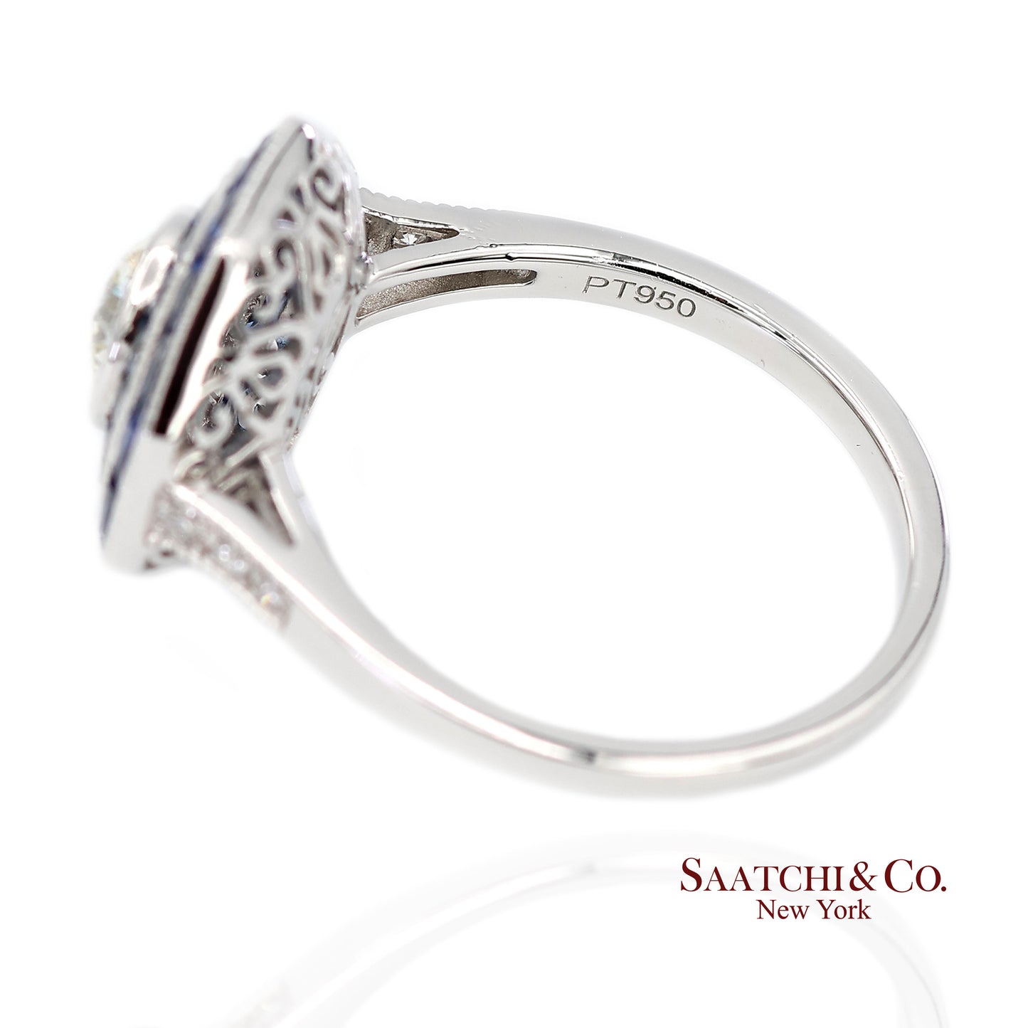 Platinum 950 Natural Diamond and Natural Sapphire Milgrain Ring