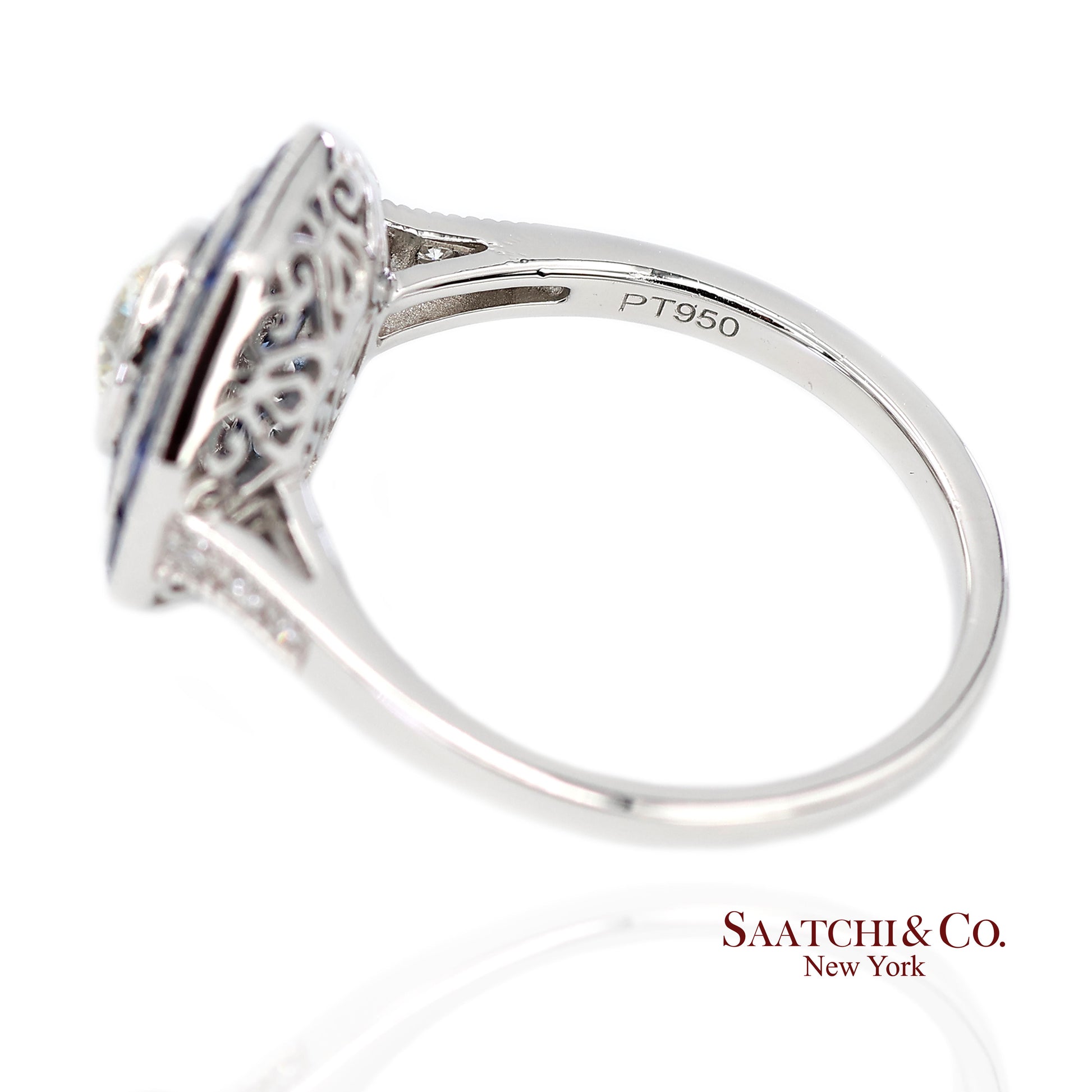 Platinum 950 Natural Diamond and Natural Sapphire Milgrain Ring