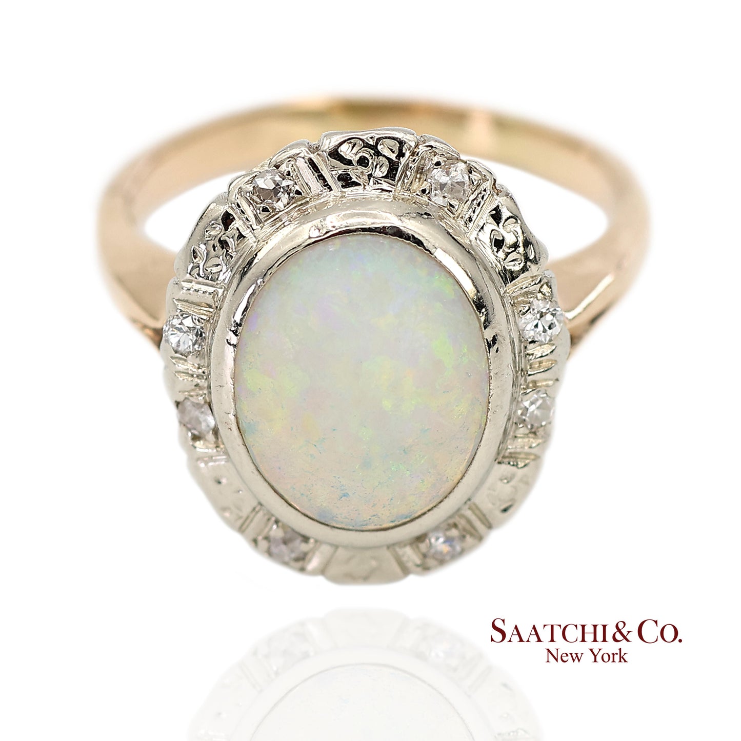 14K White and Yellow Gold Vintage Natural Diamond and Natural Opal Ring