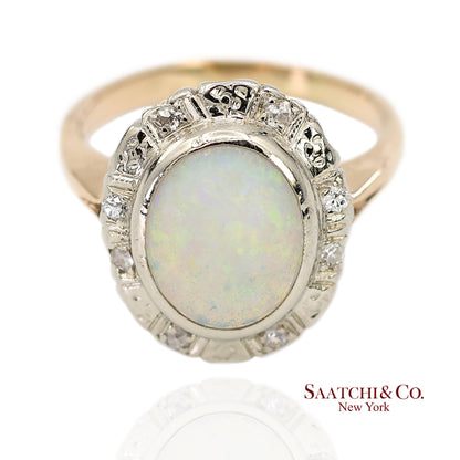 14K White and Yellow Gold Vintage Natural Diamond and Natural Opal Ring