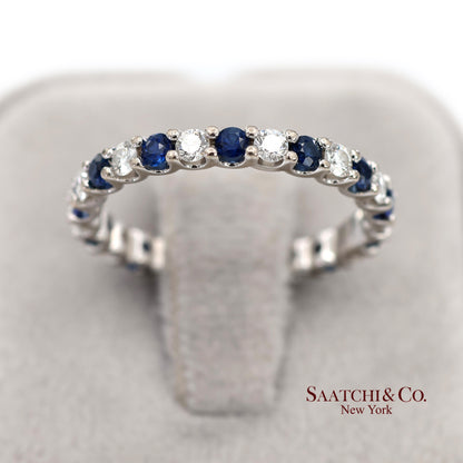 14K White Gold Natural Brilliant Diamond and Sapphire Band Ring