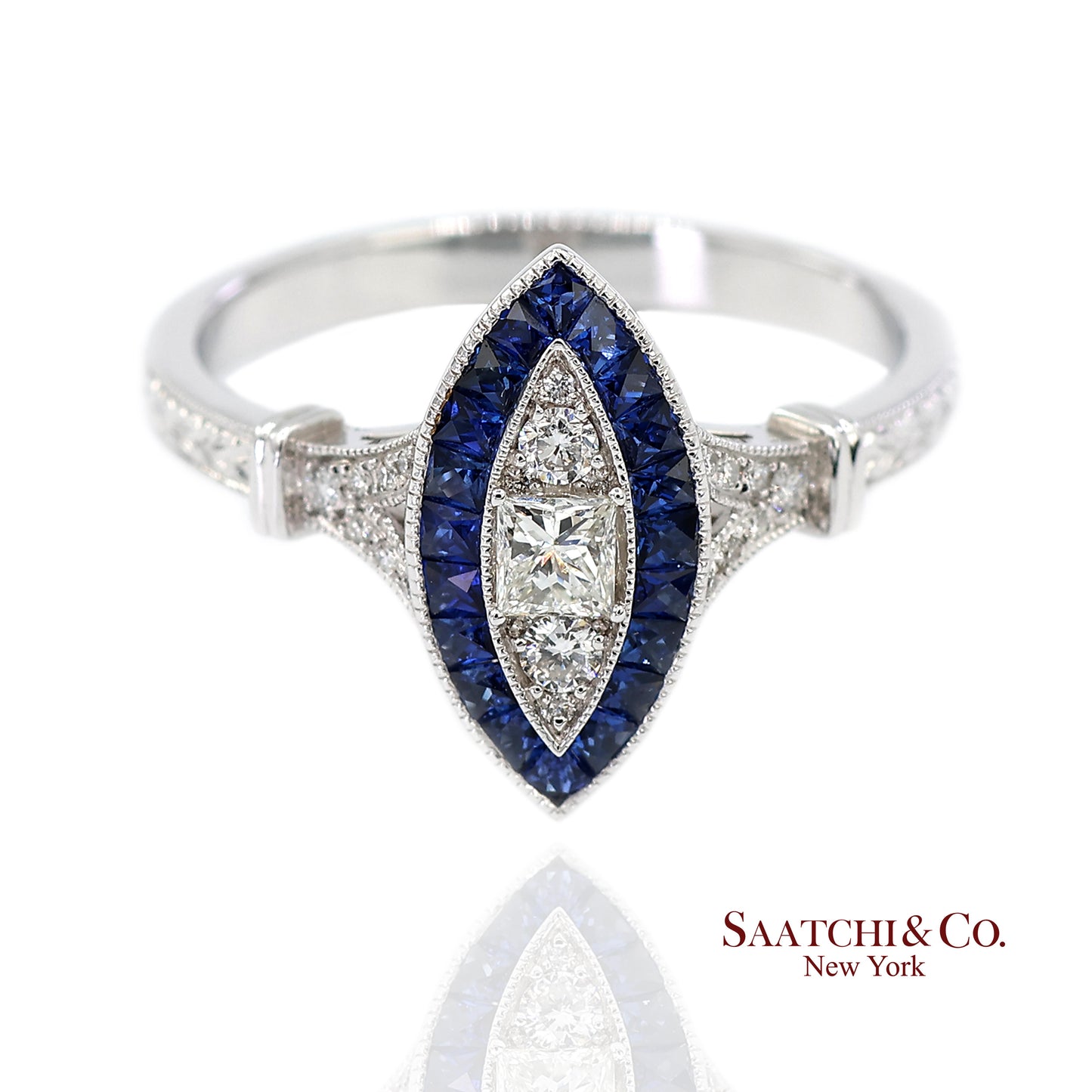 18K (750) White Gold Natural Diamond and Sapphire Marquise Milgrain Ring