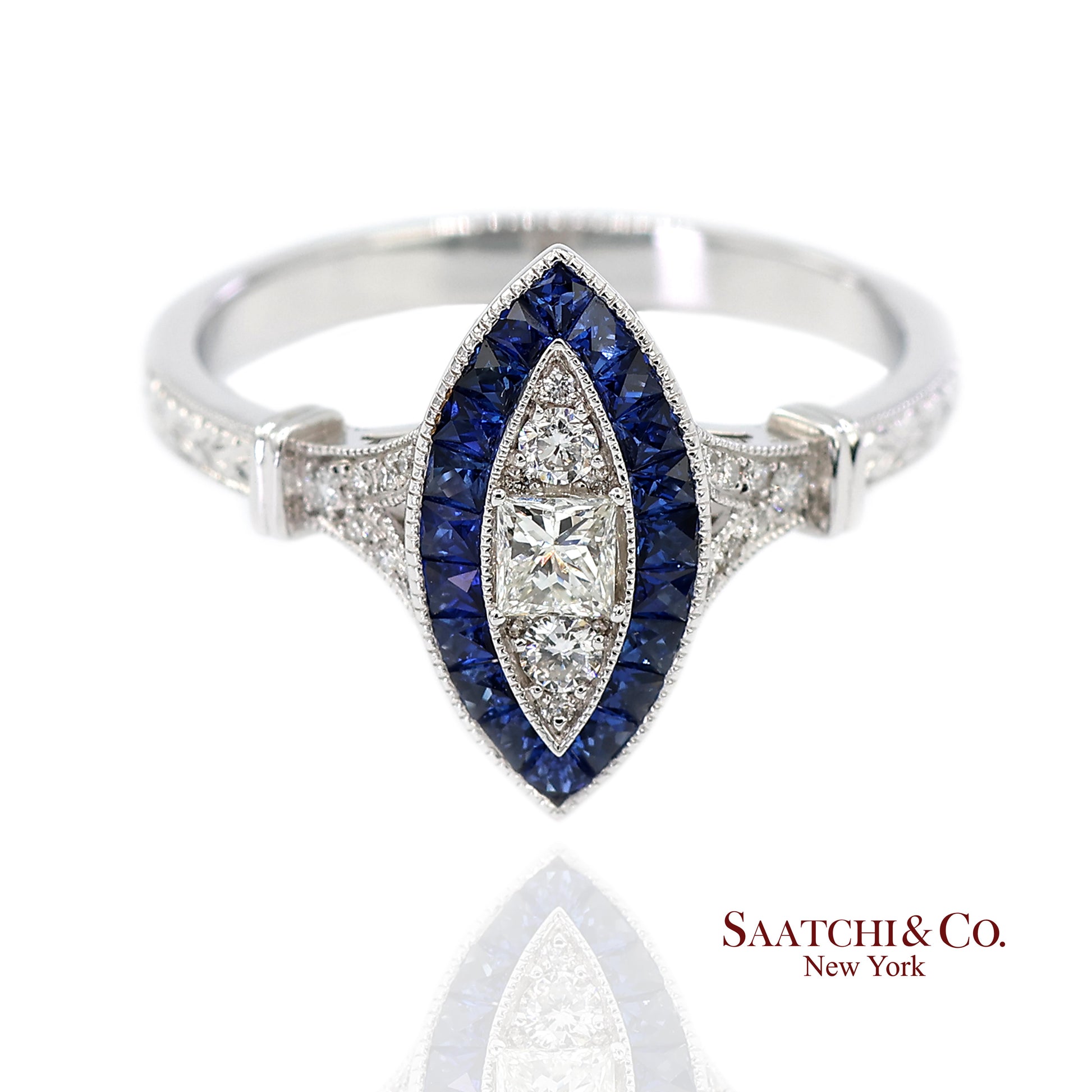 18K (750) White Gold Natural Diamond and Sapphire Marquise Milgrain Ring