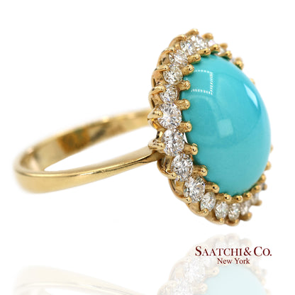 18K Yellow Gold Turquoise  Natural Diamond Halo Ring