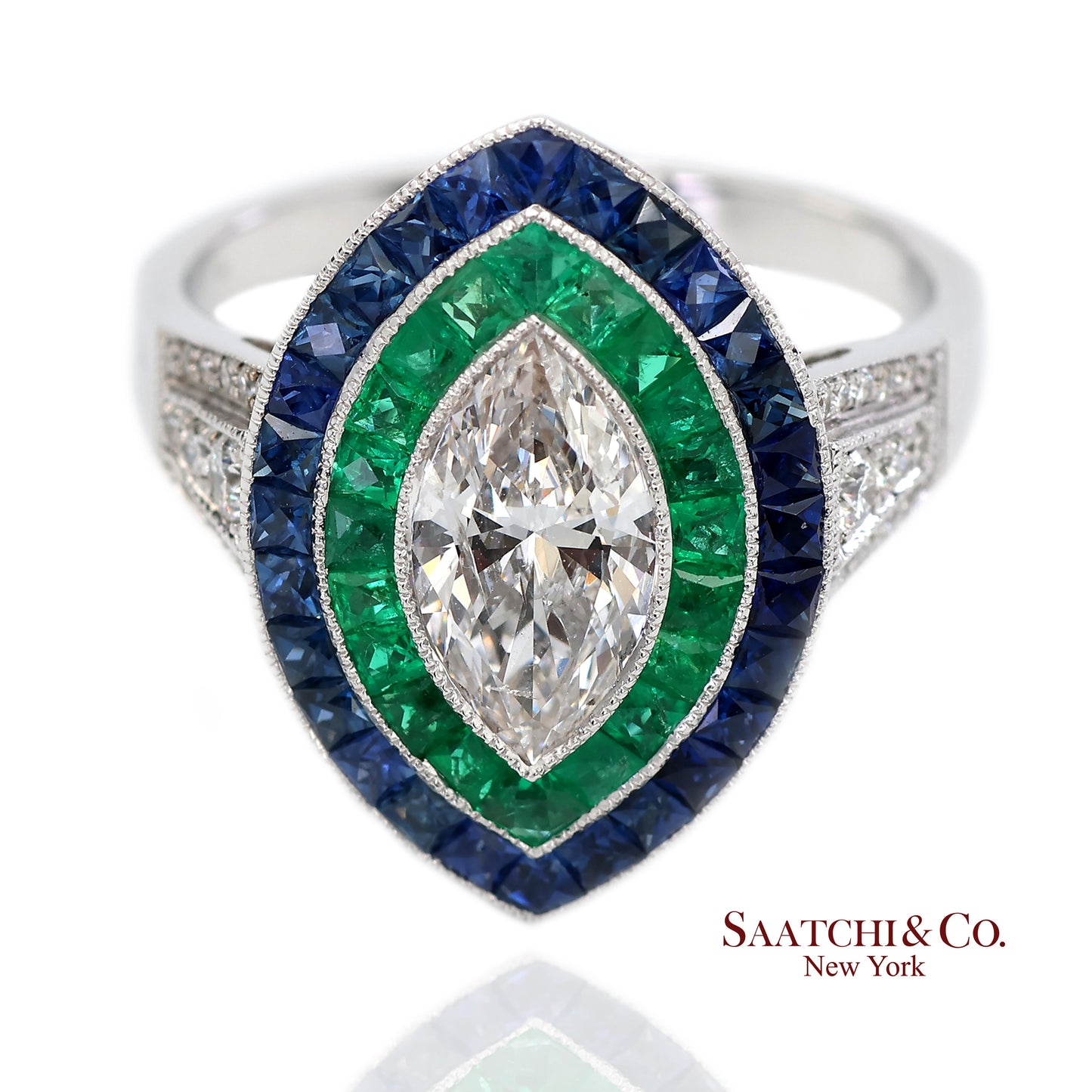 GIA_18K 750 Solid White Gold Natural Diamond Emerald and Sapphire Milgrain Ring